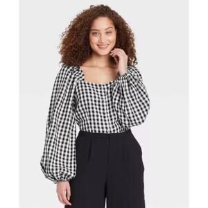 Who What Wear Smocked Linen Crop Top Balloon Sleeve Black White Gingham Top S
